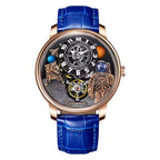 Luxury space-themed automatic watch with 3D astronaut design, blue leather strap, and gold case.