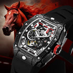 Luxury racing-inspired skeleton watch with black carbon fiber case, intricate dial, red accents, and a horse background.
