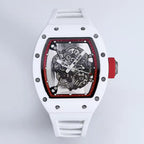White tonneau-case skeleton watch with exposed movement, red accents, motorsport-inspired design