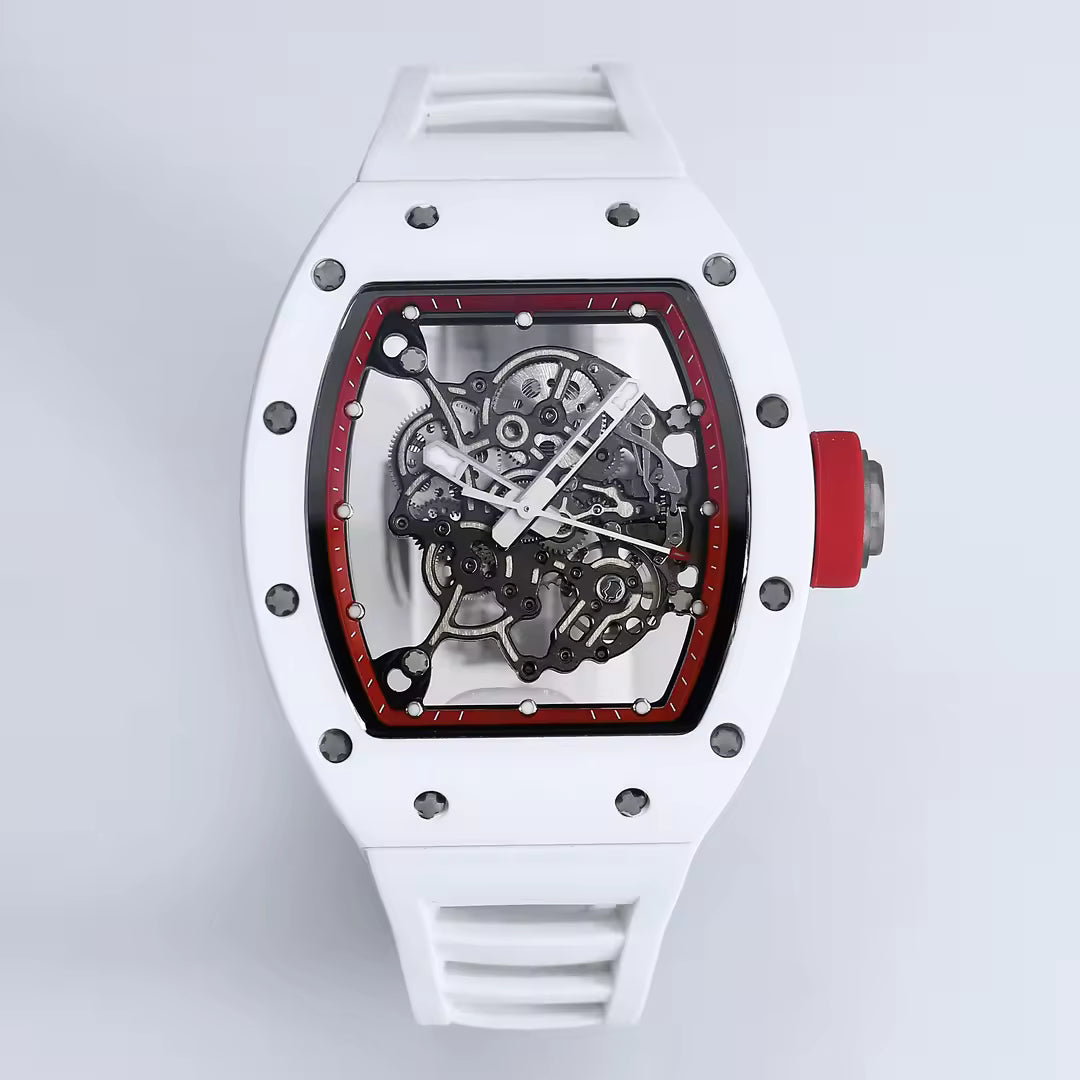 White tonneau-case skeleton watch with exposed movement, red accents, motorsport-inspired design