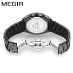 Sleek black stainless steel watch with open deployment clasp, inspired by motorsport style