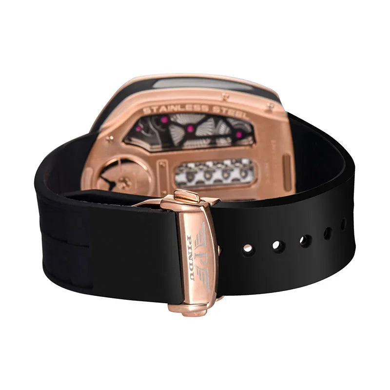Luxury motorsport-inspired watch with rose gold case, mechanical display, and black strap