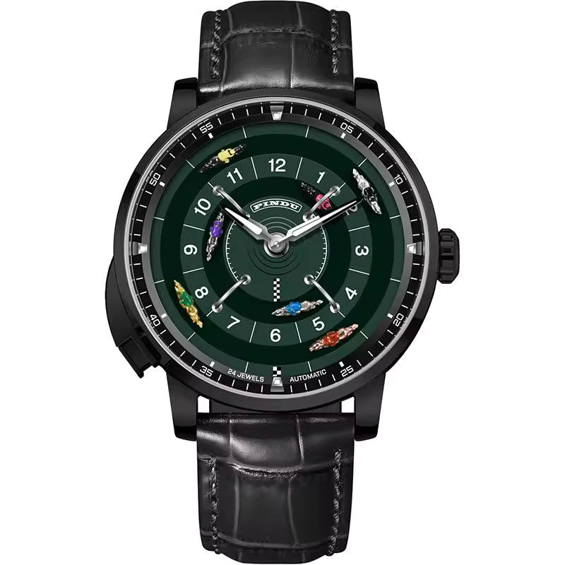 Motorsport-inspired luxury watch with green dial, race car markers, and black leather strap
