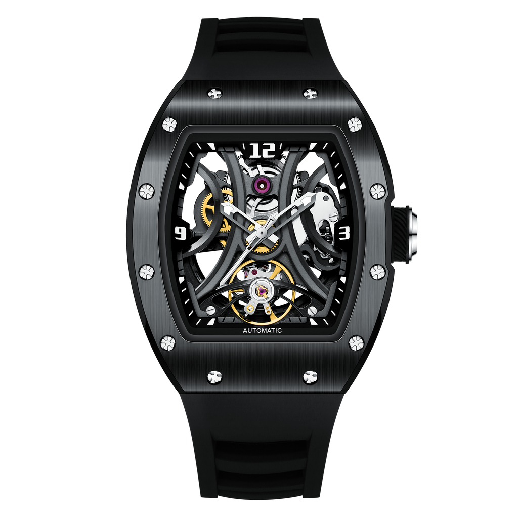 Luxury sport-inspired skeleton automatic watch with black case, visible gears, and rubber strap