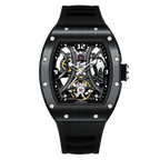 Luxury sport-inspired skeleton automatic watch with black case, visible gears, and rubber strap