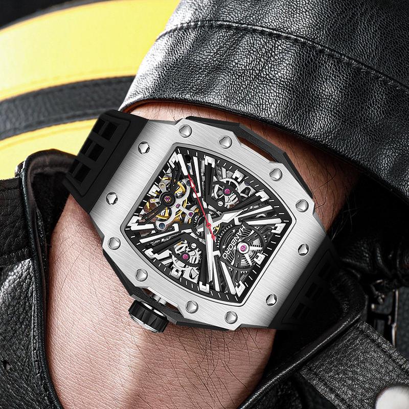 Motorsport-inspired skeleton watch with tonneau-shaped case, bold dial on wrist