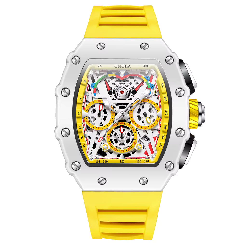 Motorsport-inspired skeleton chronograph watch with yellow rubber strap and bold dial