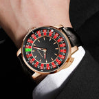 Luxury sport watch with roulette-inspired dial, black leather strap, rose gold case, on wrist