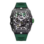 Motorsport-inspired luxury watch with skeleton dial, carbon fiber case, and green rubber strap