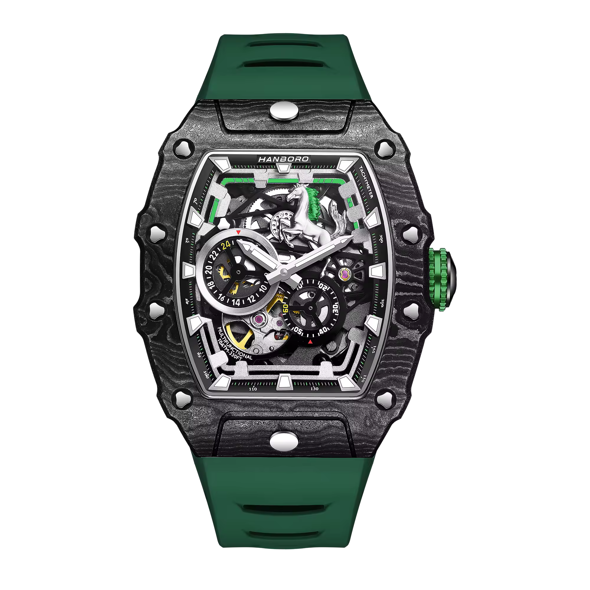 Motorsport-inspired luxury watch with skeleton dial, carbon fiber case, and green rubber strap