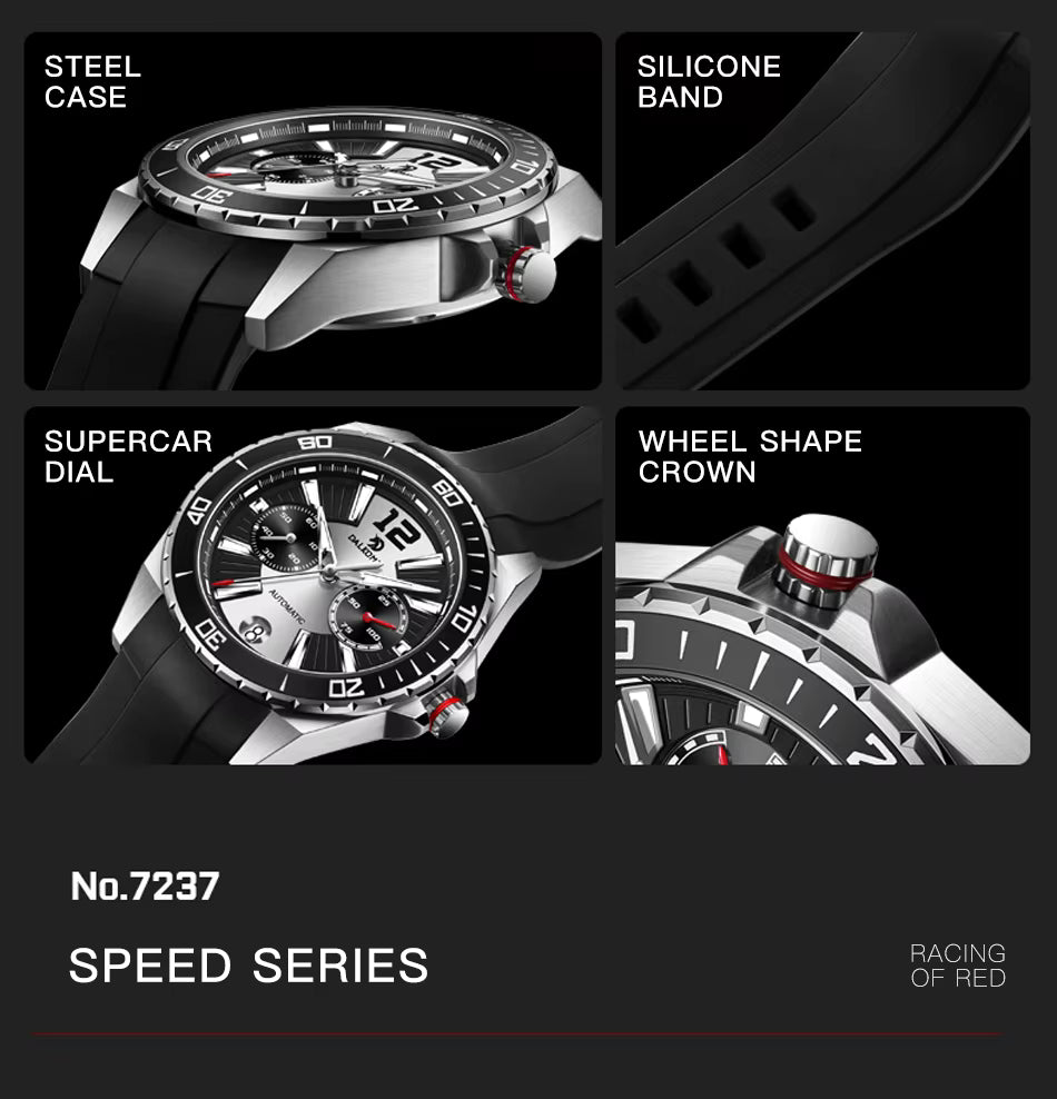 Luxury racing-inspired men's watch with steel case, silicone band, supercar dial, and wheel-shaped crown.