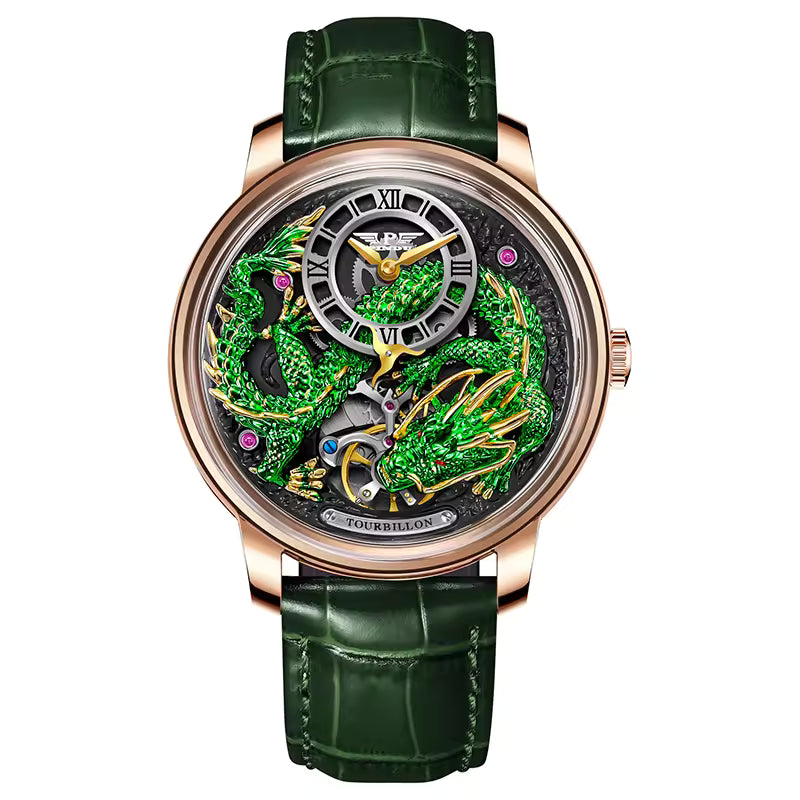 Luxury sport watch with green dragon dial, skeleton case, green leather strap, motorsport-inspired design