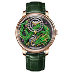Luxury sport watch with green dragon dial, skeleton case, green leather strap, motorsport-inspired design