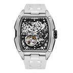 Luxury skeleton automatic watch with white strap, motorsport-inspired geometric case, open dial