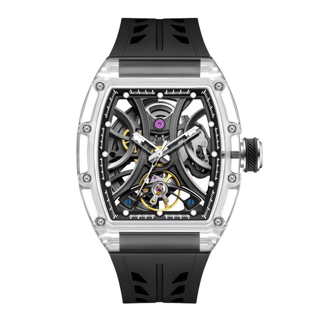 Luxury skeleton watch with transparent case, bold mechanical design, and black rubber strap