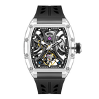 Luxury skeleton watch with transparent case, bold mechanical design, and black rubber strap