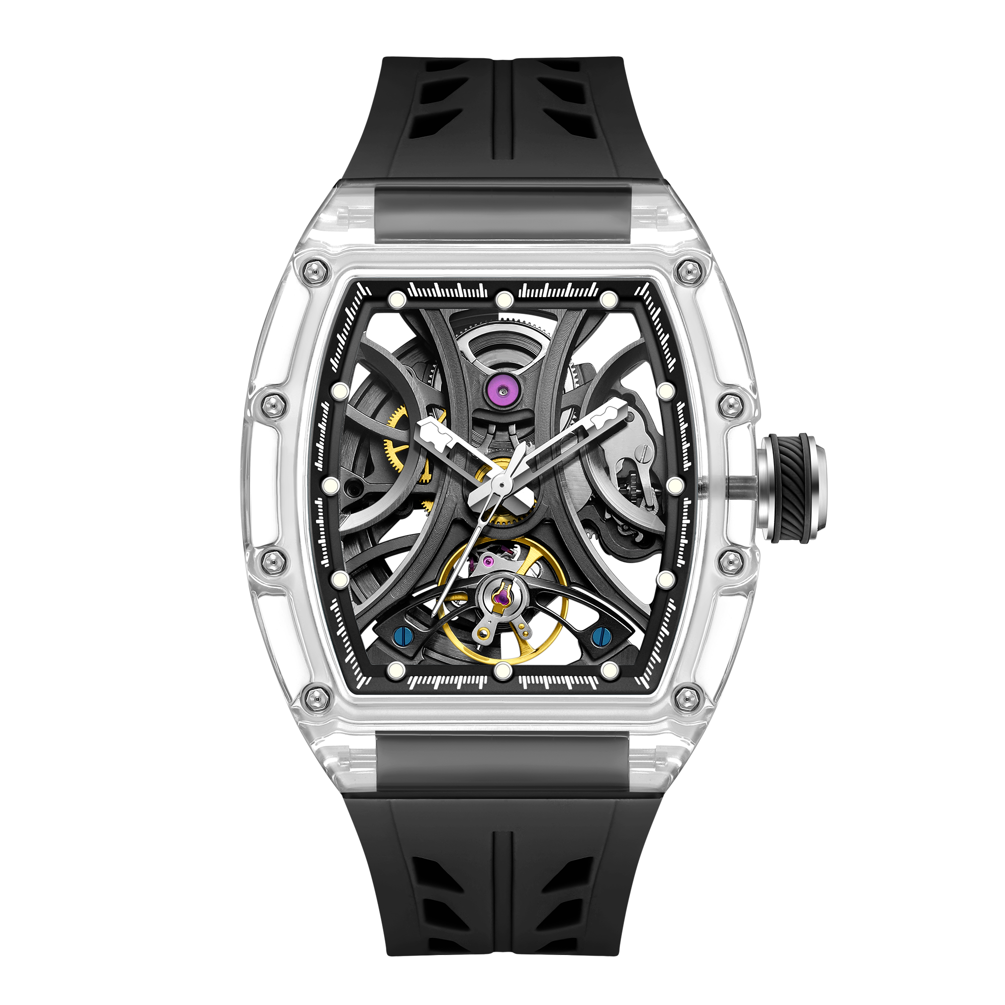 Luxury skeleton watch with transparent case, bold mechanical design, and black rubber strap