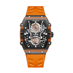 Skeleton dial sport-luxury watch with bold orange strap, motorsport-inspired design