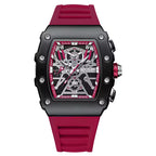Red and black tonneau-shaped racing-inspired skeleton chronograph watch with rubber strap