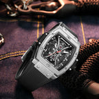 Motorsport-inspired luxury sport watch with skeleton dial, tonneau case, and black rubber strap