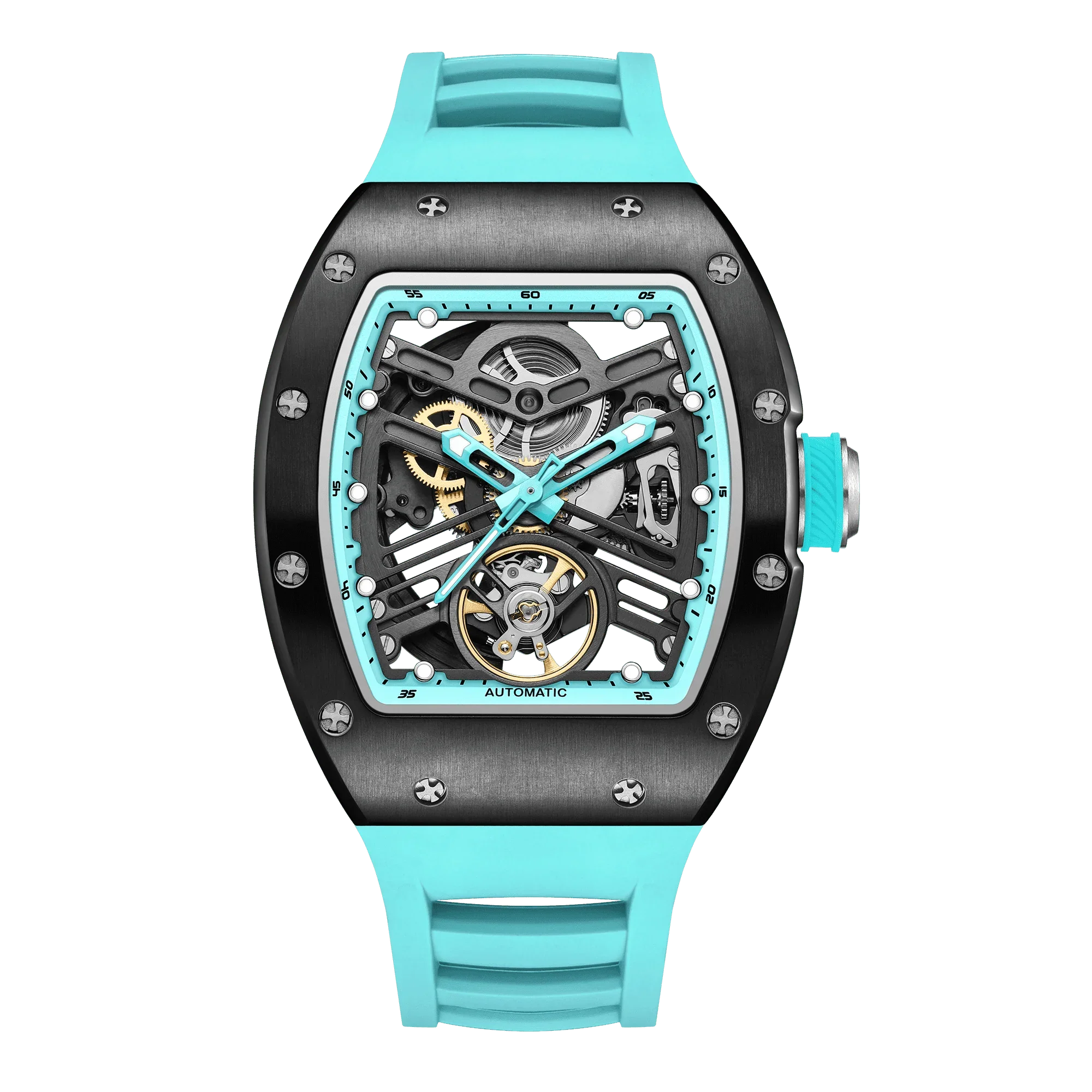 Racing-inspired skeleton automatic watch with black case, turquoise rubber strap, and visible gears