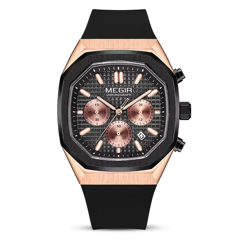 Luxury sport chronograph watch with rose gold accents, black case, and black rubber strap