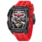 Skeleton dial racing-inspired watch with red strap, sporty tonneau case, visible mechanics