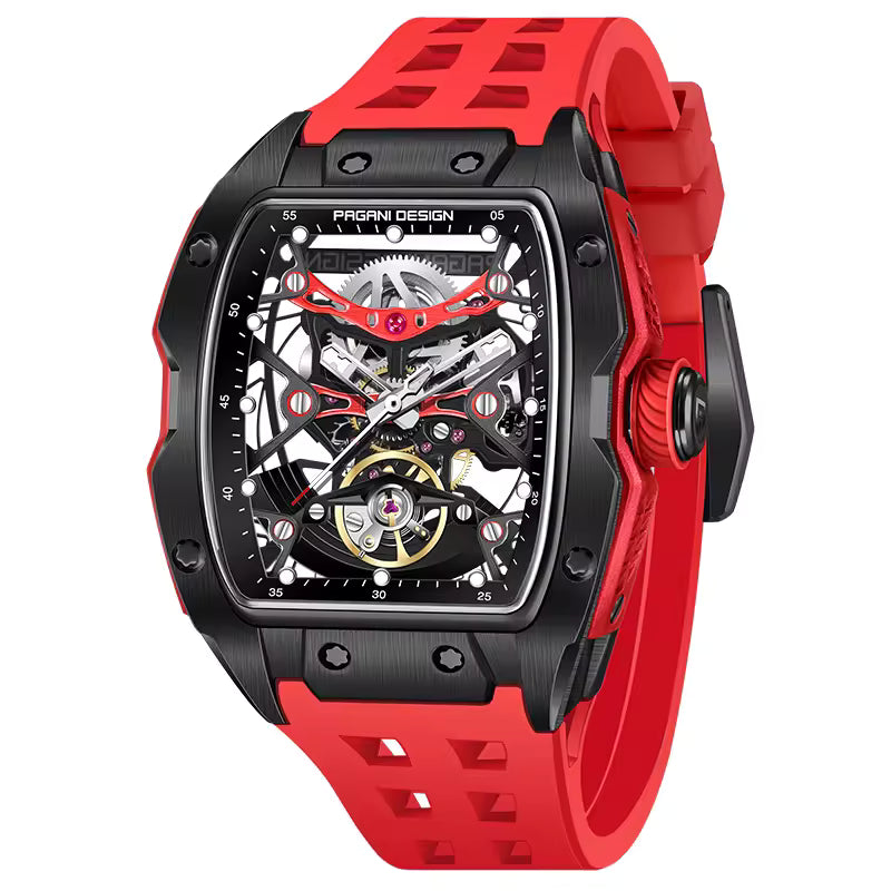 Skeleton dial racing-inspired watch with red strap, sporty tonneau case, visible mechanics