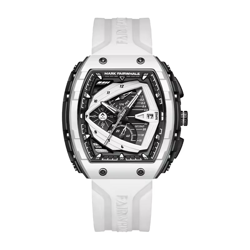 Luxury racing-inspired chronograph watch with a white strap and bold geometric dial design