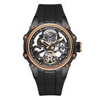 Skeleton dial racing-inspired sport luxury watch with black strap and rose gold-tone accents