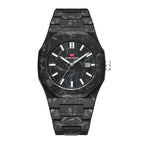 Black carbon fiber sport-luxury watch with marble-patterned case, bold markers, and date display