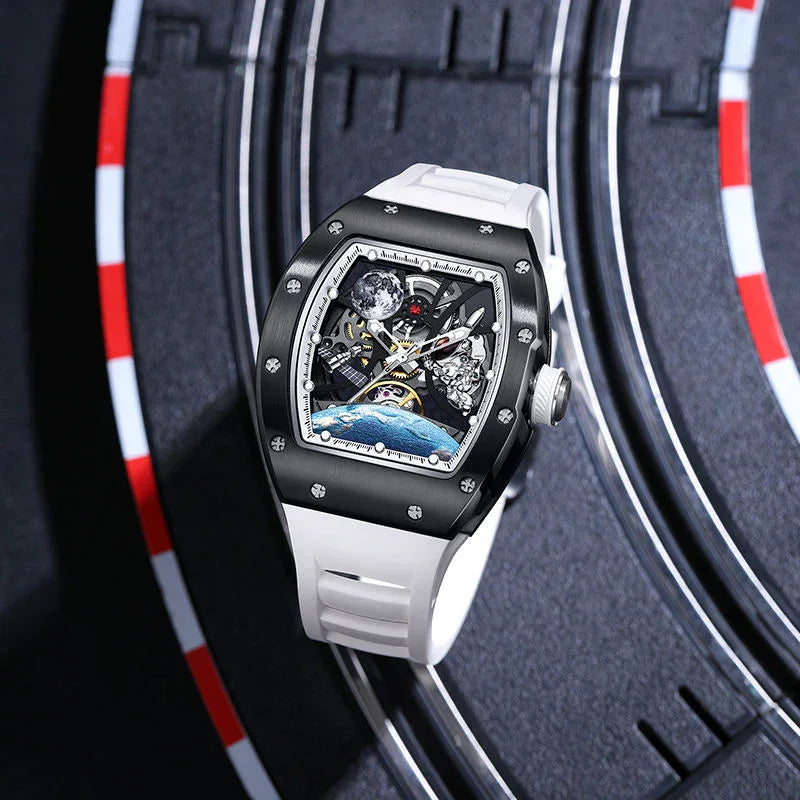 Luxury motorsport-inspired skeleton watch with white strap, black case, and racing track backdrop