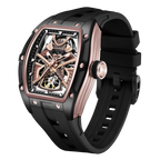 Motorsport-inspired luxury watch with skeleton dial, rose gold-toned case, and black rubber strap