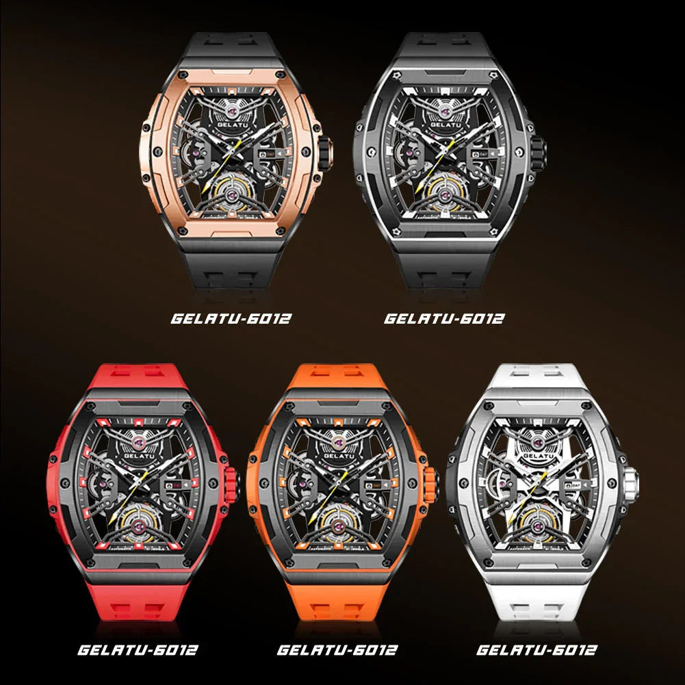 Five motorsport-inspired luxury sport watches with skeleton dials, bold colors, and rubber straps.