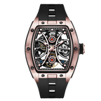 Skeleton dial sport-luxury watch with rose gold case, black strap, and exposed mechanics