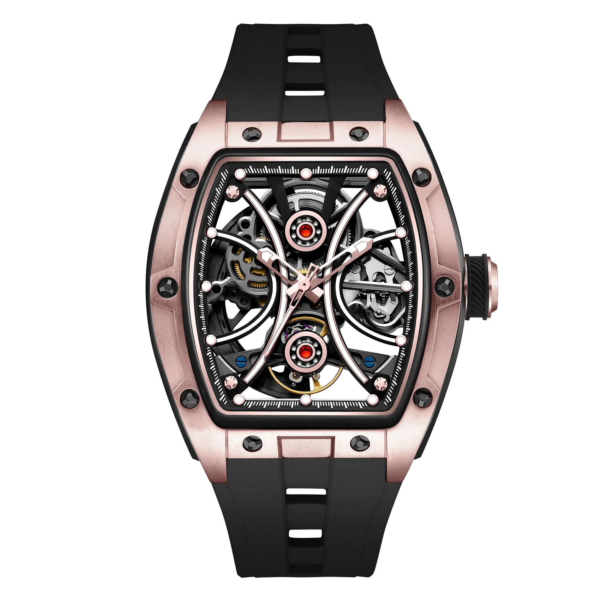 Skeleton dial sport-luxury watch with rose gold case, black strap, and exposed mechanics