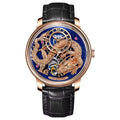 Luxury skeleton watch with gold dragon motif, blue dial, tourbillon movement, black leather strap