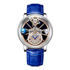 Sport-luxury homage watch with blue leather strap, skeleton dial, and mechanical detailing