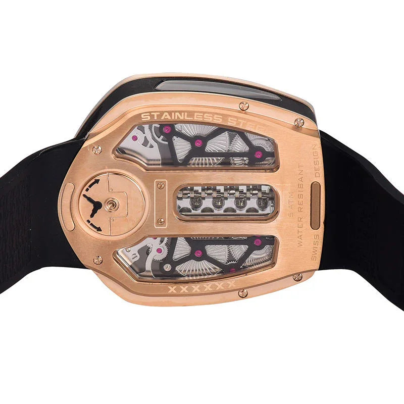 Luxury sport-inspired watch with rose gold stainless steel case, exposed gears, and black strap