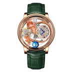 Luxury skeleton watch with rose gold dragon, globe feature, green leather strap, motorsport-inspired