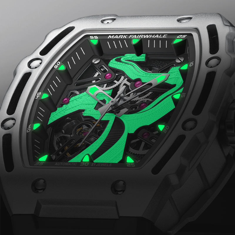 Motorsport-inspired skeleton watch with luminous green details, bold tonneau case, visible gears