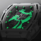Motorsport-inspired skeleton watch with luminous green details, bold tonneau case, visible gears