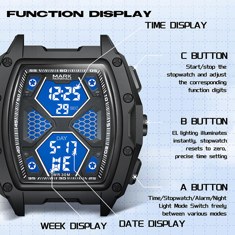 Racing-inspired digital sport watch with bold blue display, multi-function chronograph features