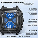 Racing-inspired digital sport watch with bold blue display, multi-function chronograph features