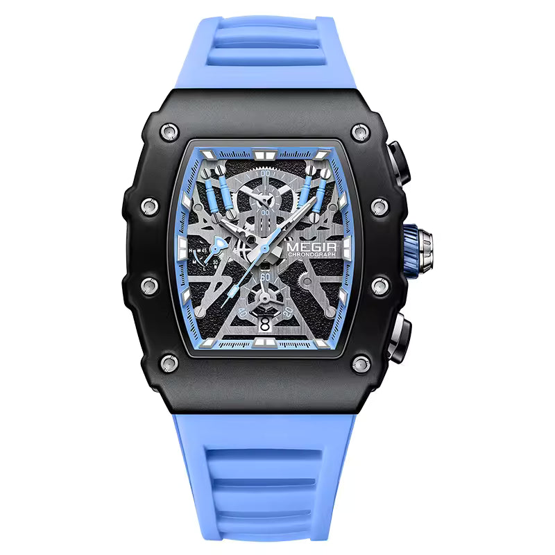 Luxury motorsport-inspired skeleton chronograph watch with blue strap and bold black case
