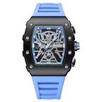 Luxury motorsport-inspired skeleton chronograph watch with blue strap and bold black case
