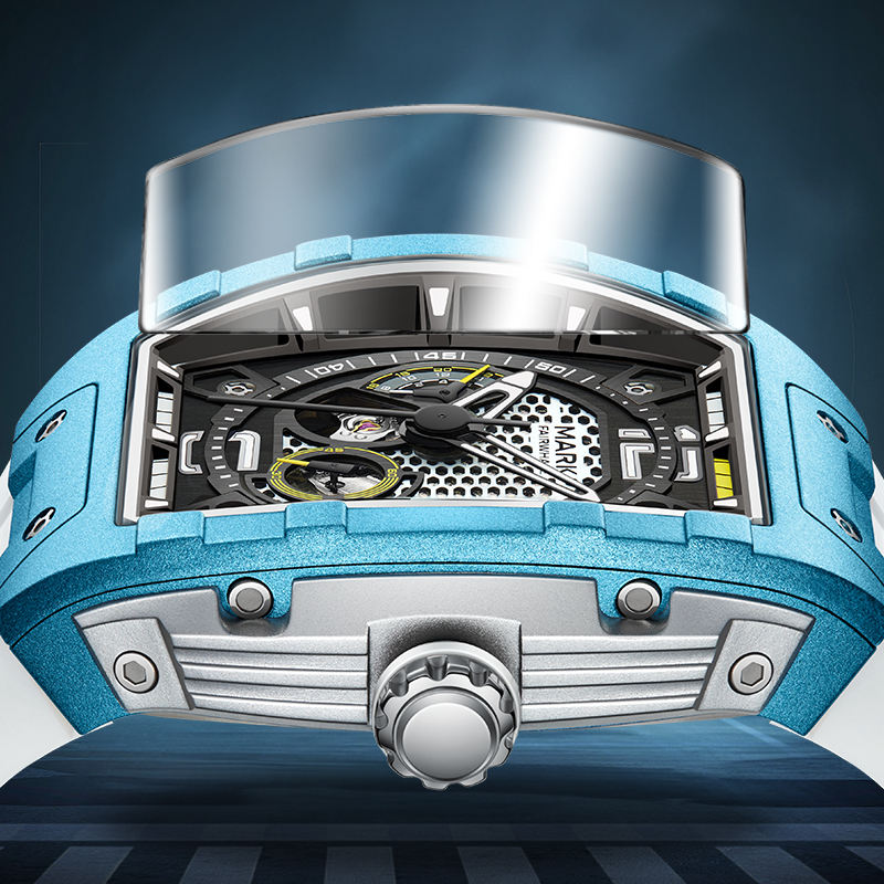 Motorsport-inspired blue luxury watch with skeleton dial and bold, modern design