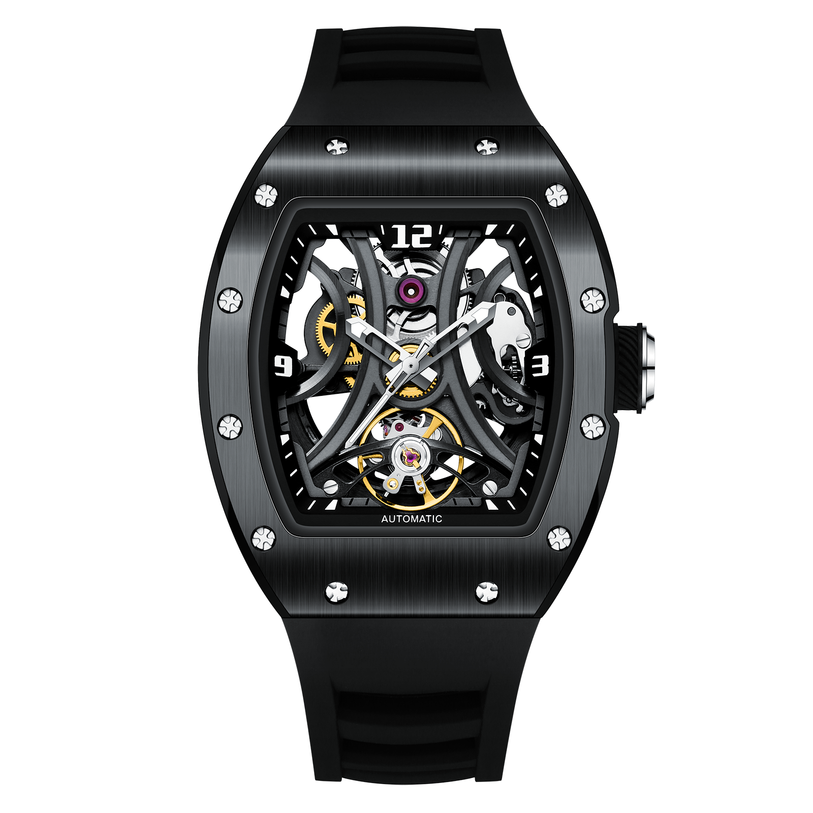 Luxury motorsport-inspired skeleton automatic watch with black tonneau case and rubber strap