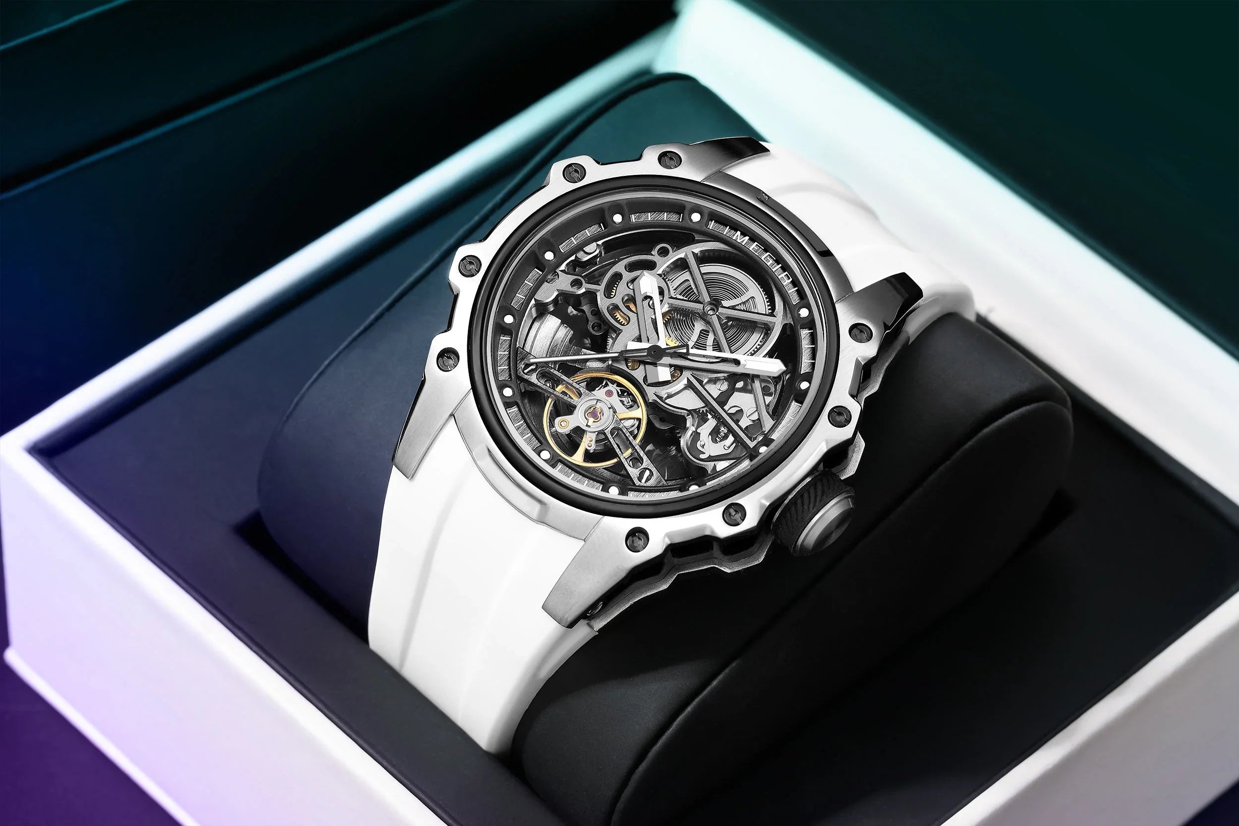 Luxury skeleton watch with white strap, motorsport-inspired, bold design in gift box