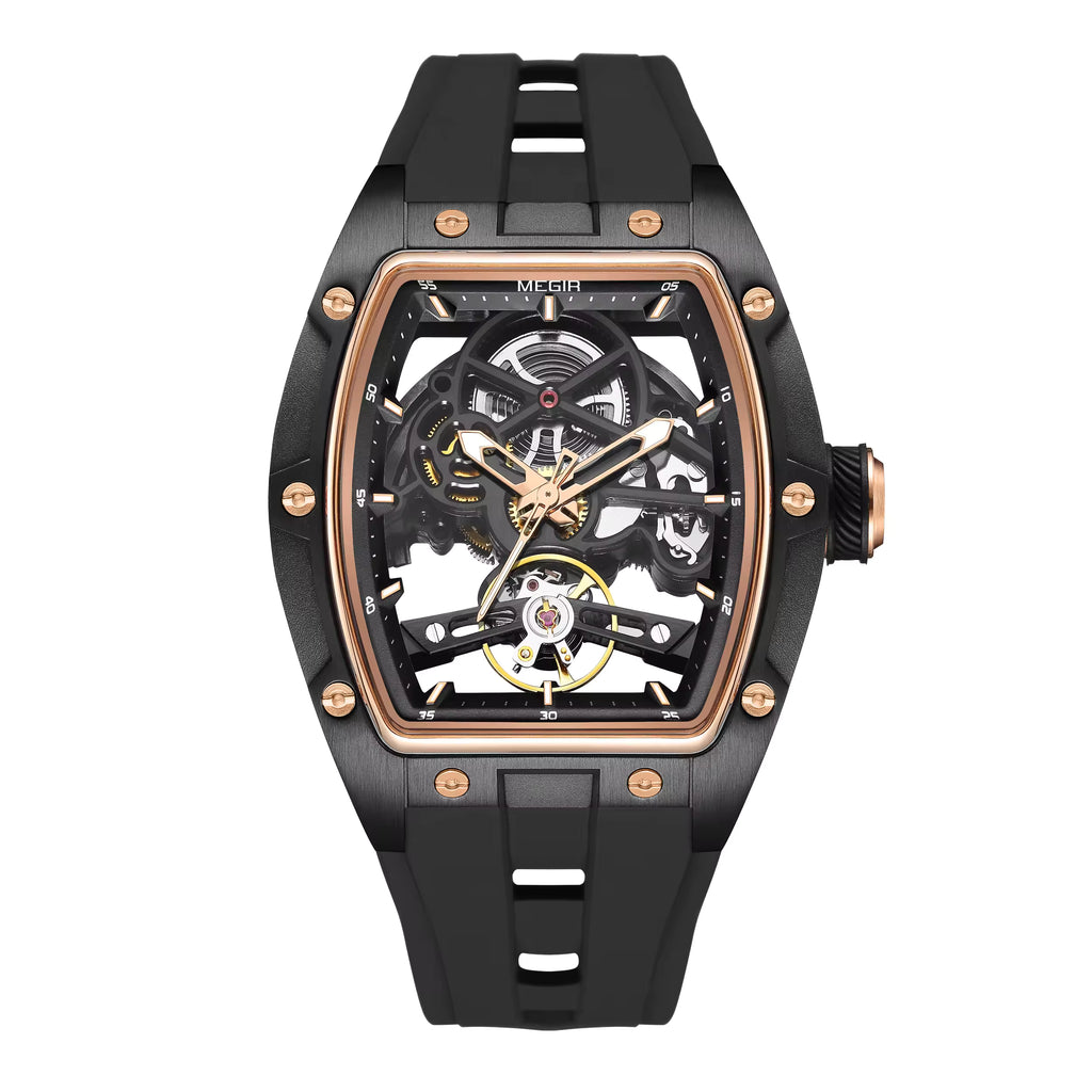 Skeleton sport-luxury watch with black rubber strap, gold-tone details, and exposed gears